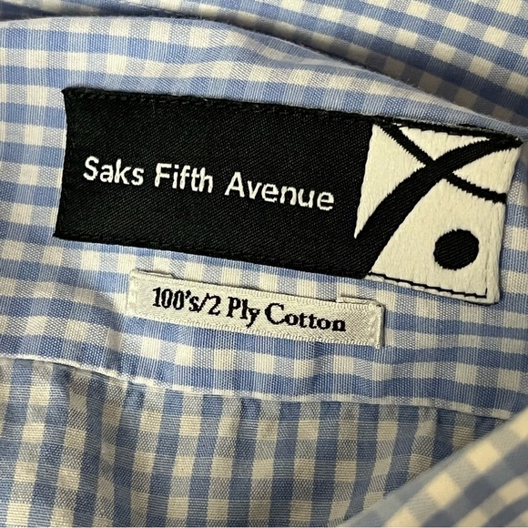 Saks Fifth Avenue Button Down Shirt Mens 17.5 Custom Made Blue Checkered Gingham - Picture 10 of 11